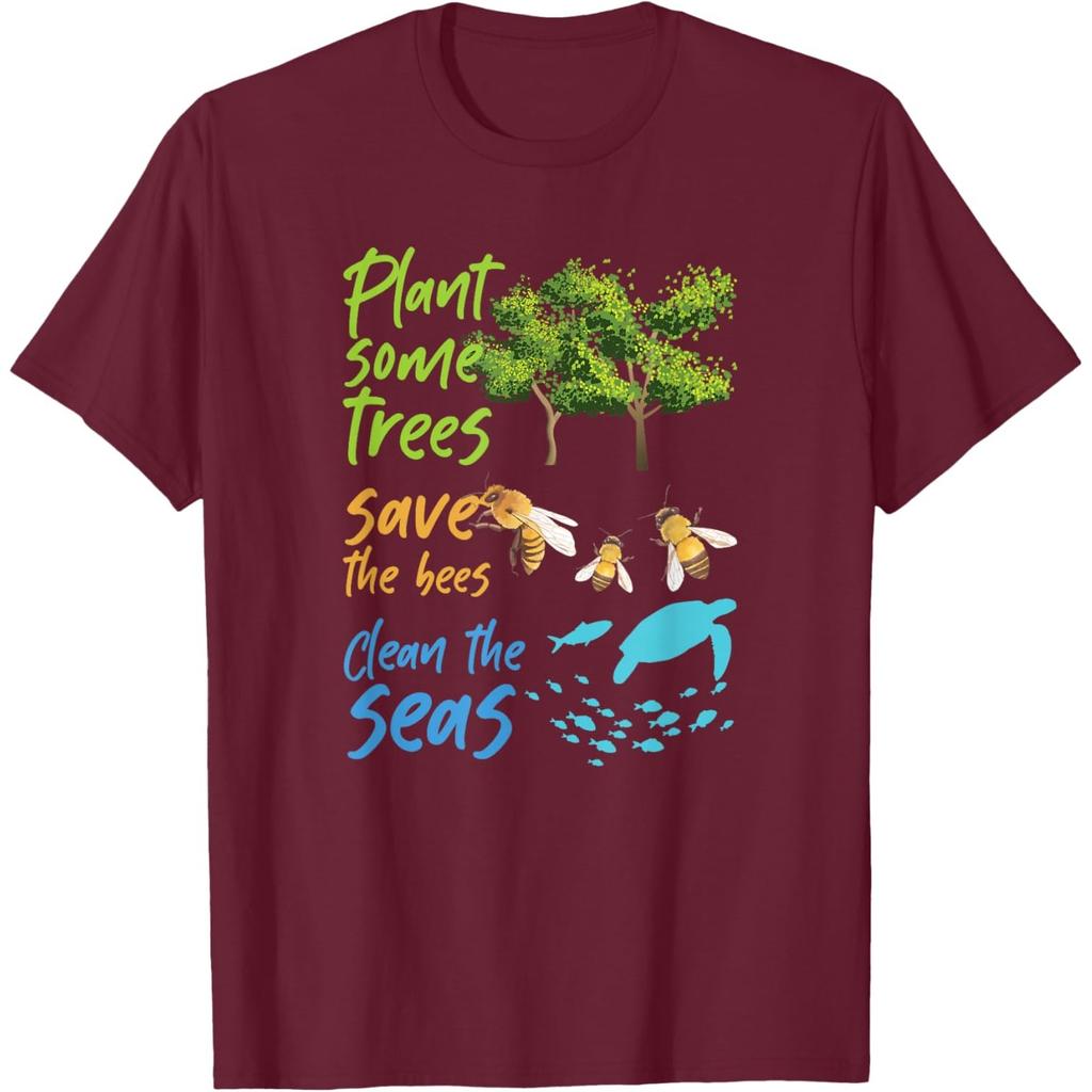 Plant Trees Save Bees Clean Seas Turtle Graphic Cotton T-Shirt Casual Crewneck Tee