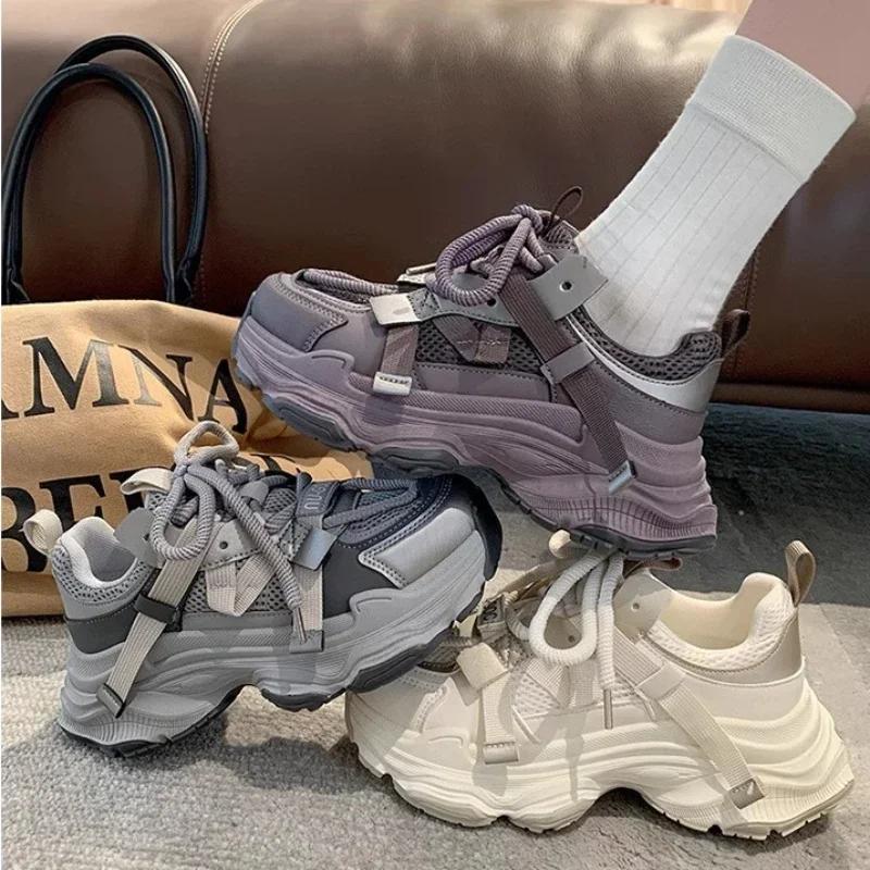 Women's Chunky Sneakers Breathable Mesh Platform Sports Shoes Woman Fashion Lace Up Thick Sole Casual Shoes Mujer 2024