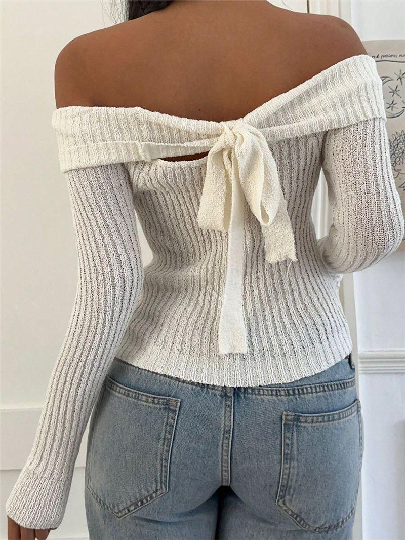 Womens Off Shoulder Long Sleeve Back Bow Slim Knit Top S