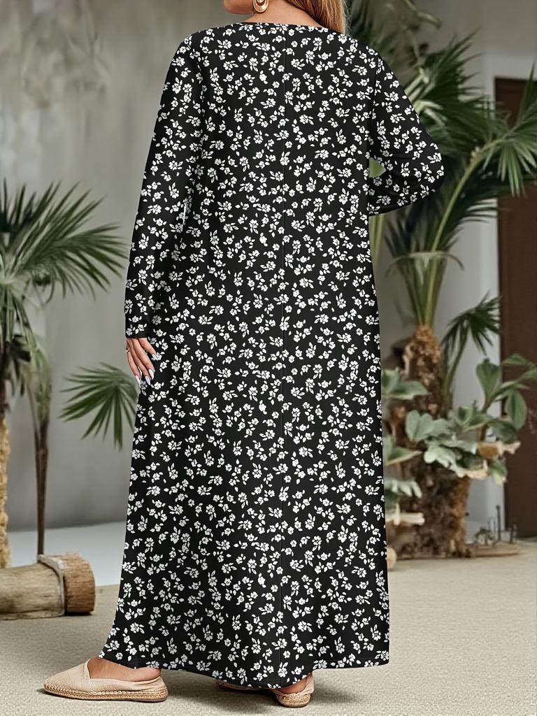 Spring and Autumn Women's Round Neck Long Sleeved Dress, Vacation Style Abstract Geometric Polka Dot Printed Long Skirt