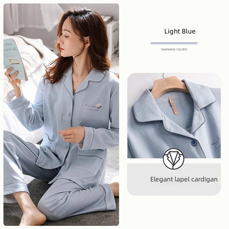 Ladies' 100% Cotton Long Sleeve Pajama Set Spring/autumn Thin Style Winter Warm Homewear Suit