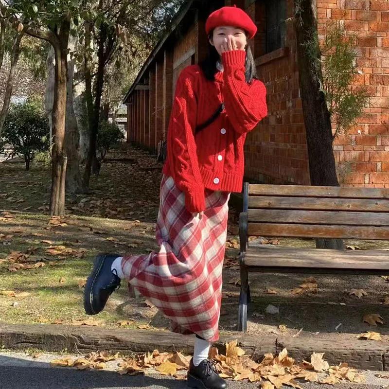 Autumn Vintage Checkered Woolen Skirts Lady Elegant High Waist Slimming A-Line Skirt Women Korean Streetwear Slit Long Skirt