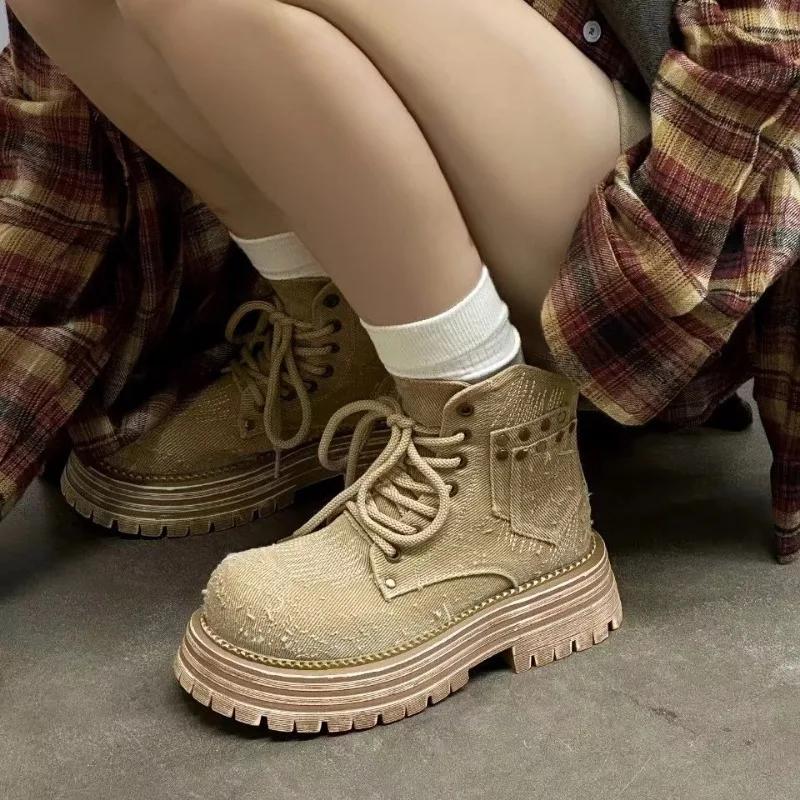 Fashion High quality Women's Ankle Boots Denim 2024 New Autumn Platform Booties Women Lace-up British Retro Cargo Boots Women winter