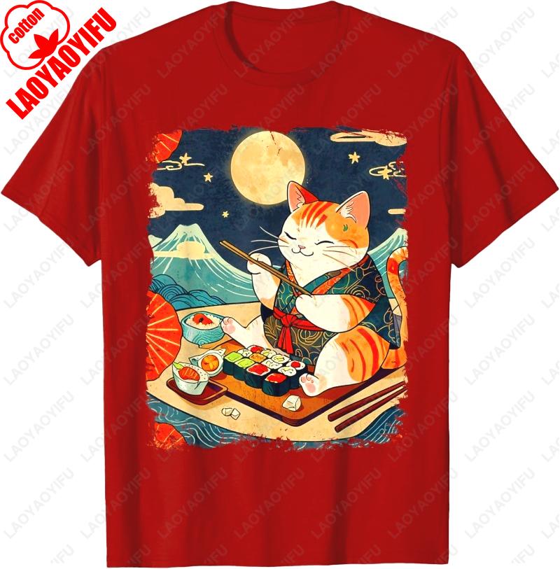 Cat Eating Sushi Japanese Anime Manga Kawaii Cat Ukiyoe Art Cotton TShirt Retro Oneck Printed Unisex Tops Funny Camisetas S