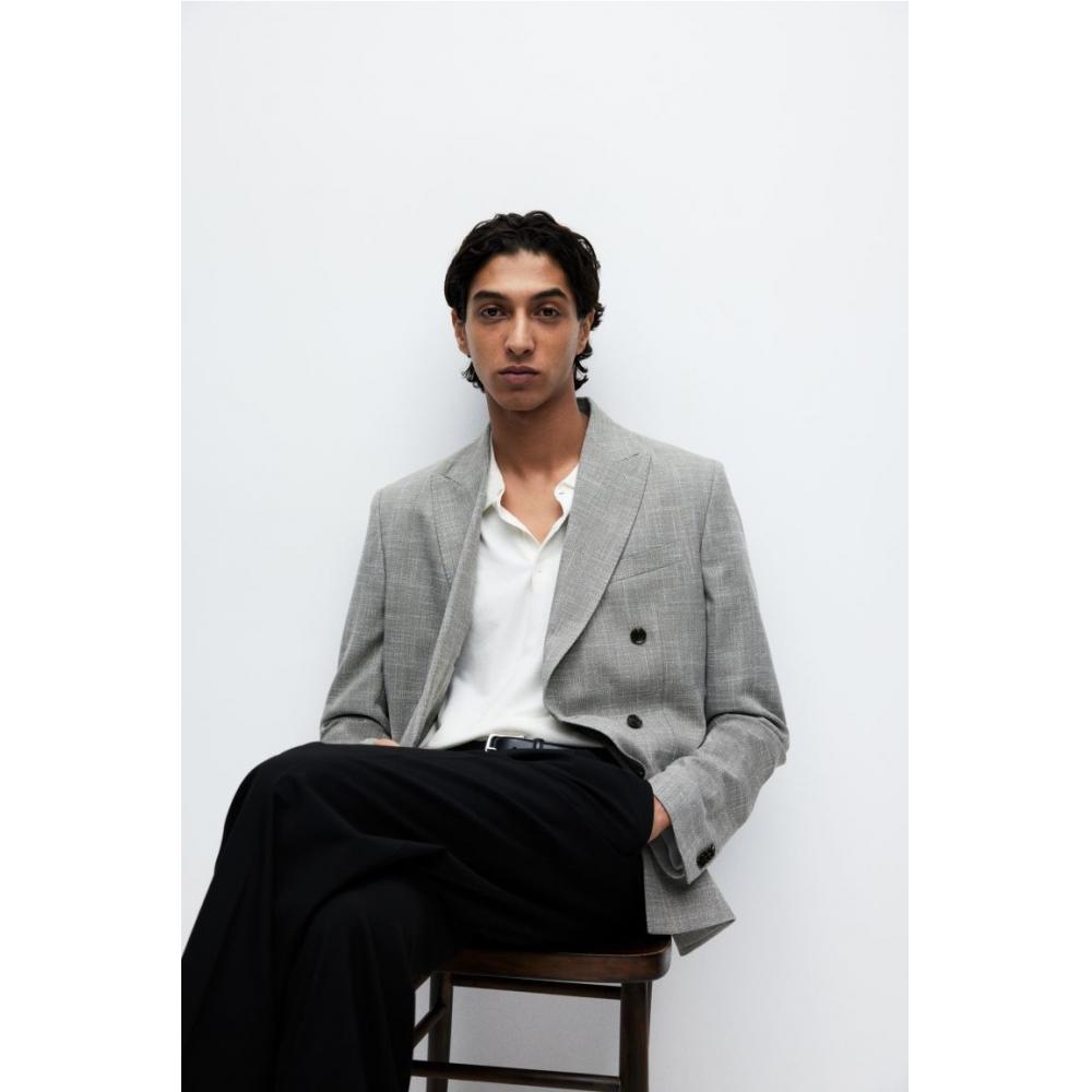 H M Double Breasted Jacket Regular Fit Dark Beige Melange