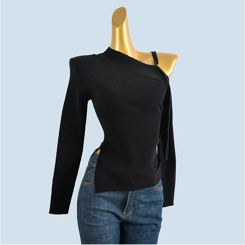Glutinous Sexy off-the-Shoulder Knitted Bottoming Shirt Women's Long Sleeve Autumn and Winter Design Asymmetric Top Western Style Inner wear Sweater