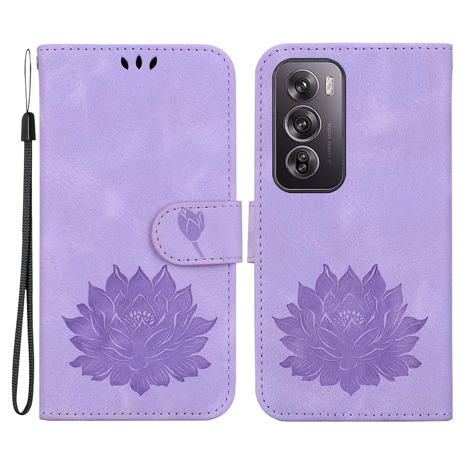 

For Oppo Reno12 Pro 5G (Global) Stand Case Lotus Imprint Leather Wallet Phone Cover Purple