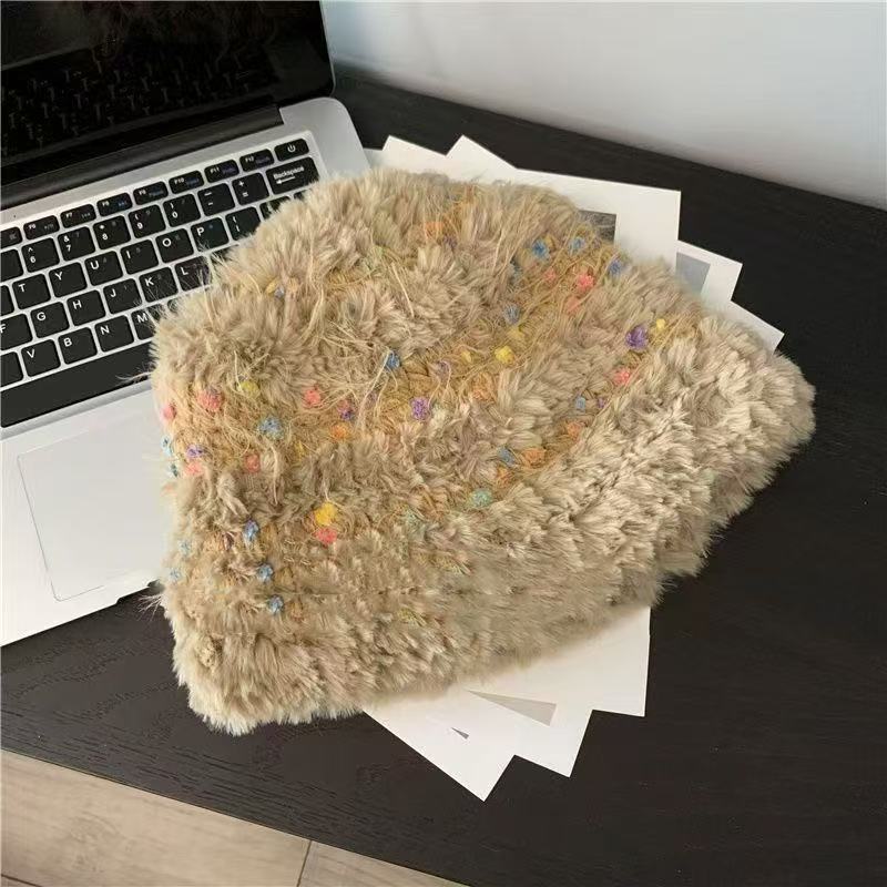 Colored jelly bean plush bucket hat winter warm face thickened knitted wool hat ear protection hat