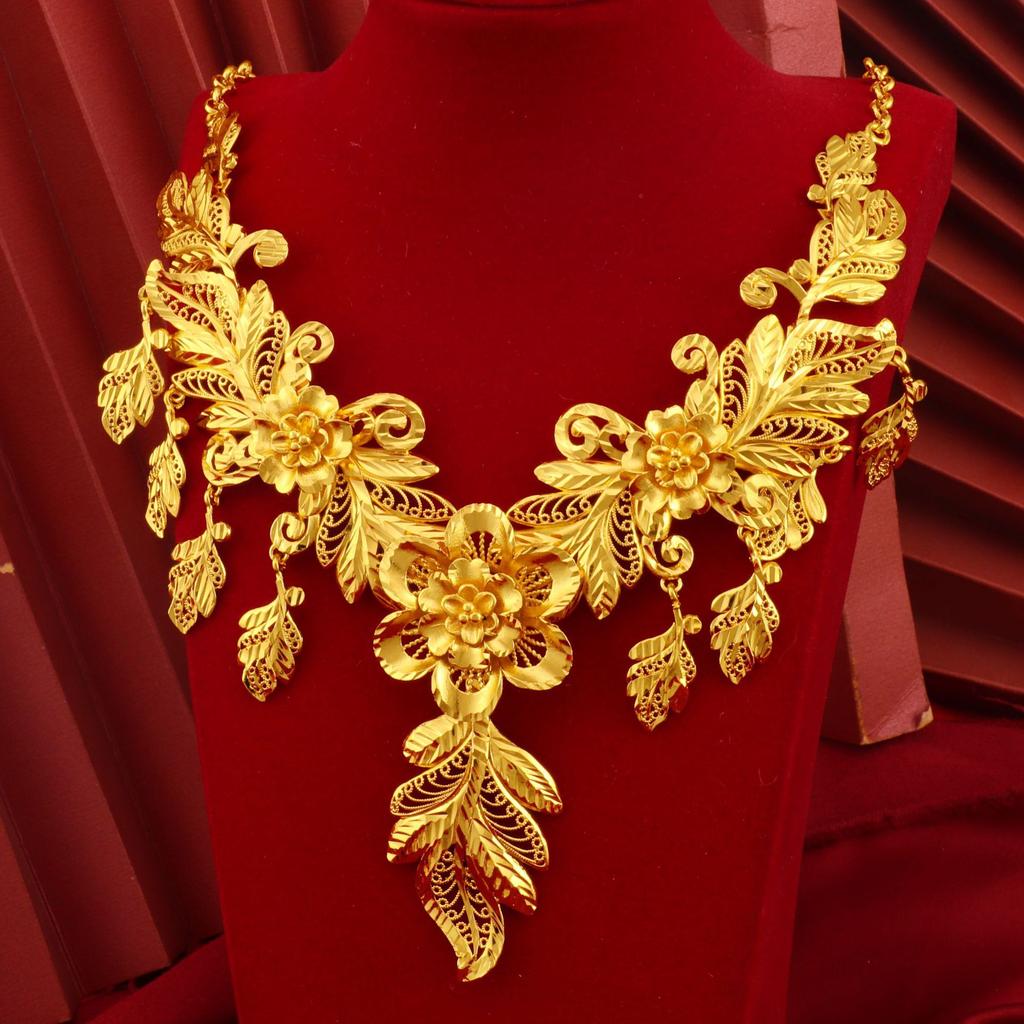 Luxury 24K 9999 Pure Gold Real Gold Women's Hollow Flower Leaf Necklace Earring Set