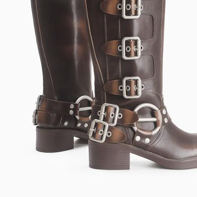 Polished Retro Western Cowboy Boots Knight Boots Thick Heel Medium and High Cigarette Boots Square Locomotive Boots