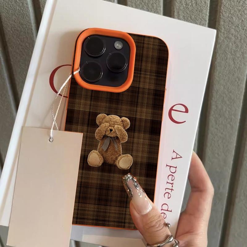 

Cute Brown Plaid Bow Bear Pattern Phone Case For iPhone 17 Pro 16 15 14 13 12 14 Pro Max 16E X XR XS Max Plus Air Soft Cover iPhone XR