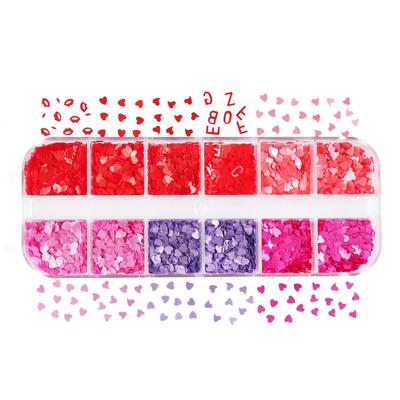 12 rejillas/caja de lentejuelas para uñas, escamas, decoración de uñas, corazón, alfabeto, labios