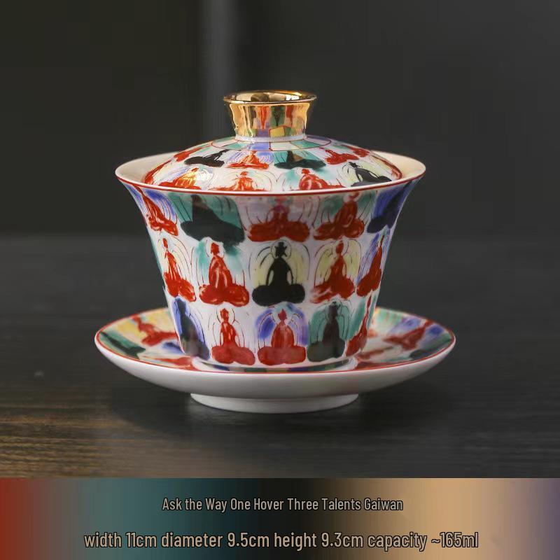 Rotating Sancai Gaiwan: Enamel Color Mutton Fat Jade Porcelain Tea Bowl with Lid for Kung Fu Tea Brewing.