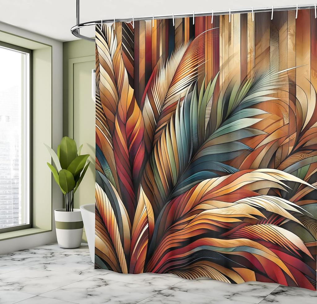 Aesthetic Boho Shower Curtain, Bold Exotic Leaves In Warm Tones, Rustic Burnt Orange Teal Blue, Fabric Set With Hooks