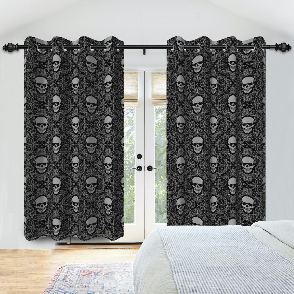 2pcs/set Skeleton Skull Black Window Curtain Horror Halloween Haunted House Home Bedroom Decor Blackout Polyester Fabric Curtain