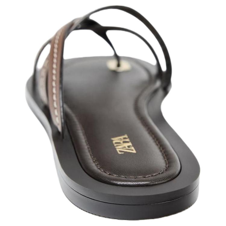 Zara Leather Criss Cross Flat Slides Brown Womens 2633510105