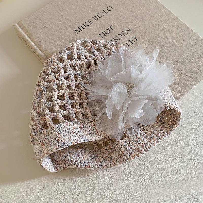 Women's Spring and Summer Korean Style Thin Hollow Breathable Sunshade Handmade Knitted Hat Sweet Wool Linen Fishnet Hat