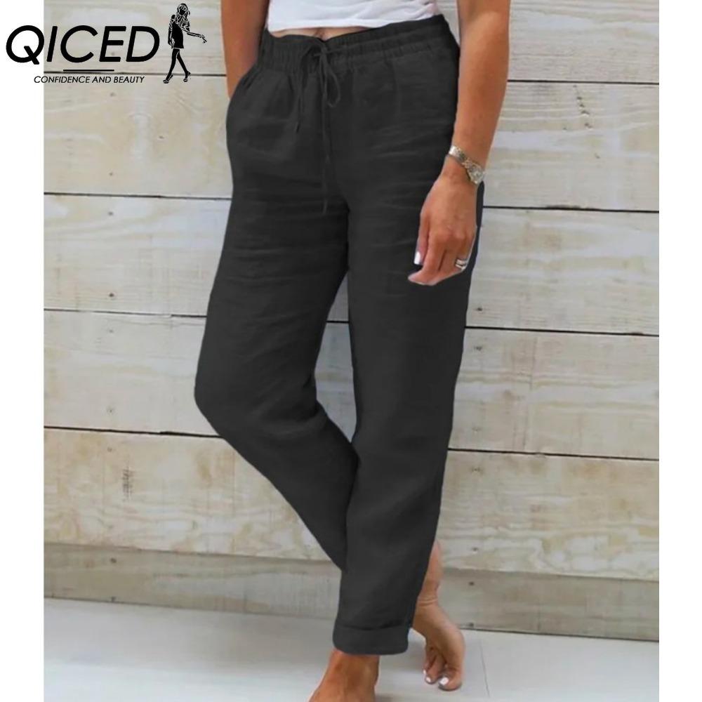QICED Women's Summer Wide Leg Elastic Waist Trousers Nine Points