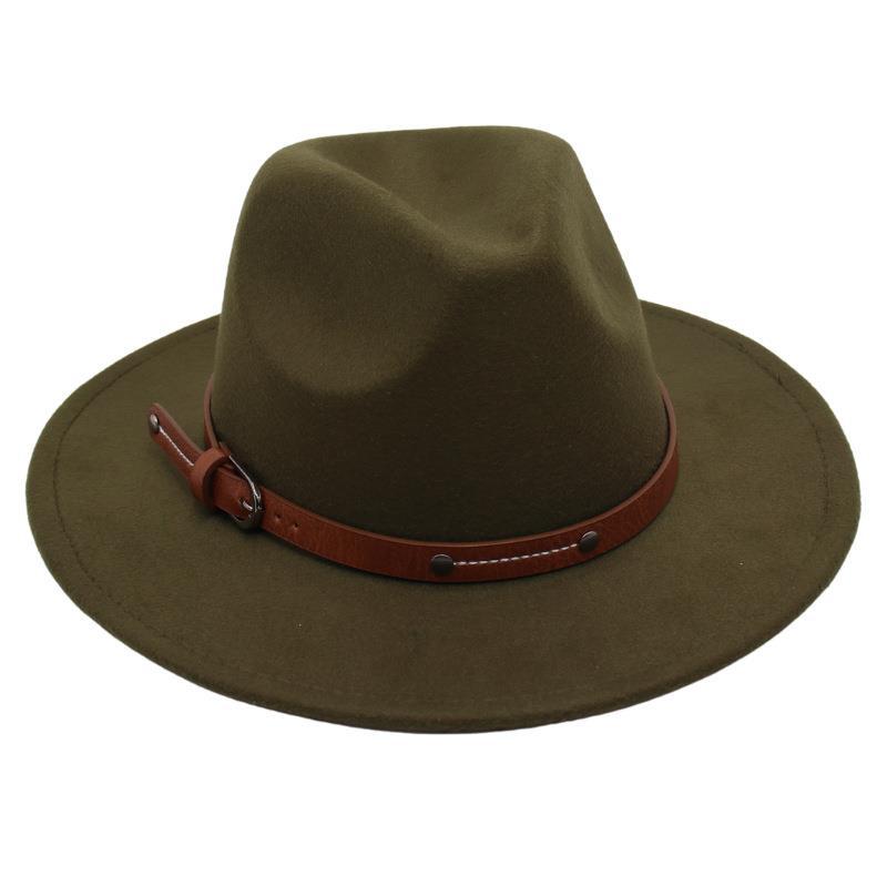 Big Edge Top Hat Belt Buckle Jazz Hat Men'S And Women'S Felt Hat Street Shooting Gambler Hat Concave Fedora Hat Tide