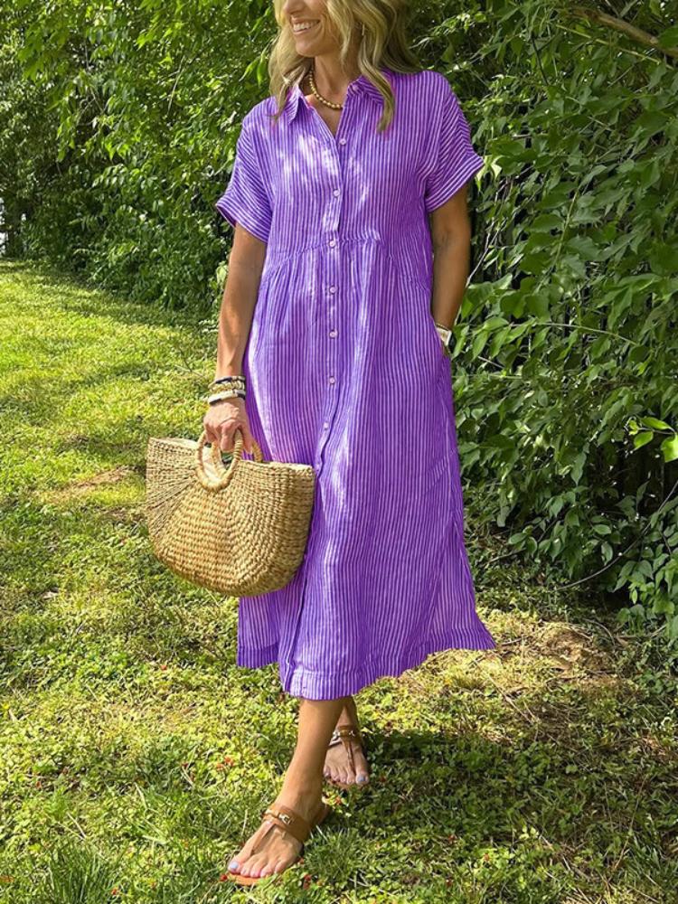 Loose Plus Size Striped Short Sleeved Shirt Dress for Women's Summer New Casual Cotton and Linen Mid Length Skirt