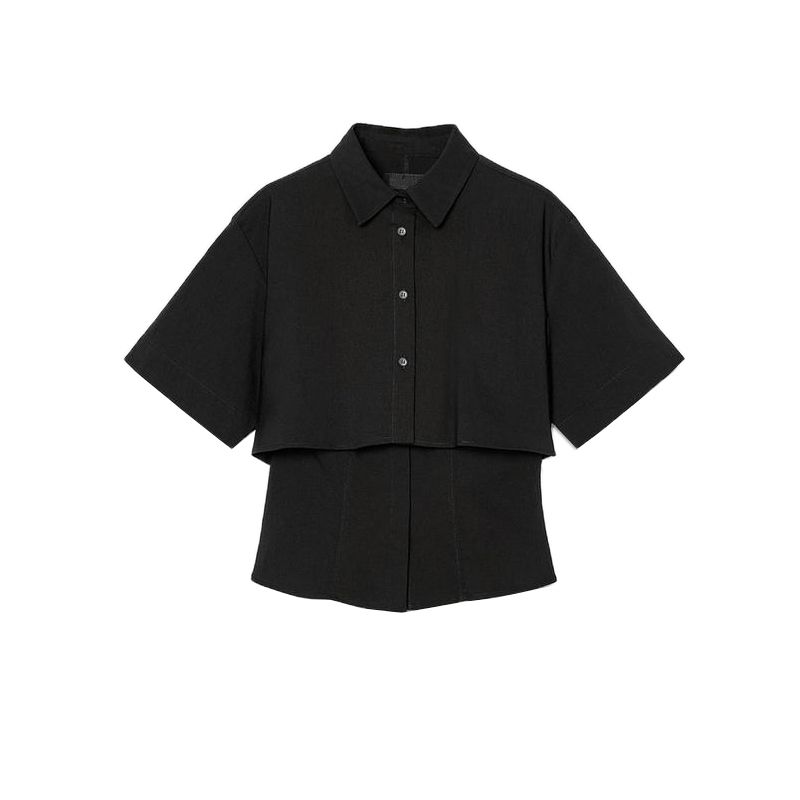 

Spring and Summer New Women s Clothing Decorated Row Button Black, Short Sleeve Lapel Double Layer Stylish Casual Shirt 2837616 Black L
