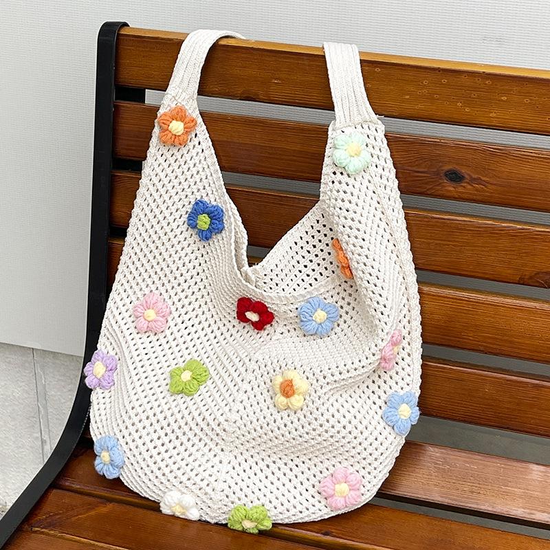 Woven Bag Women's New Shoulder Tote Bag Lazy Wind Knitted Hollow Flower Beach Bag