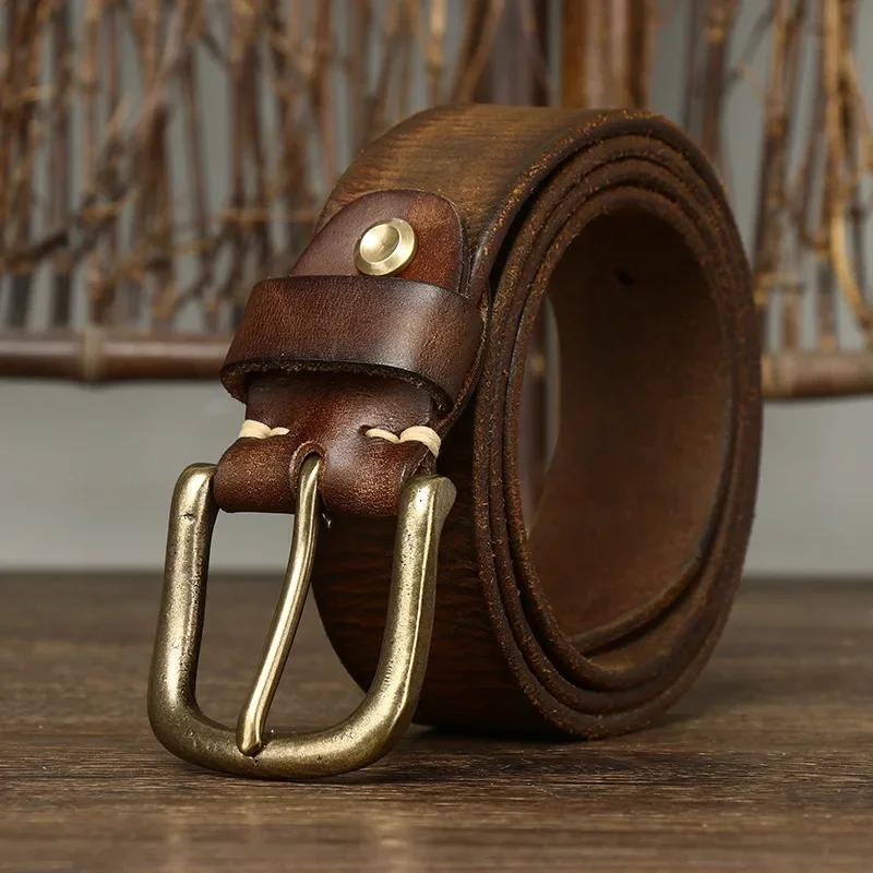 3.8 CM Pure Cowhide Genuine Leather for Men's High Quality Jeans Brass Buckle Belts Cowboy Waistband Male Designer Luxury Cintos