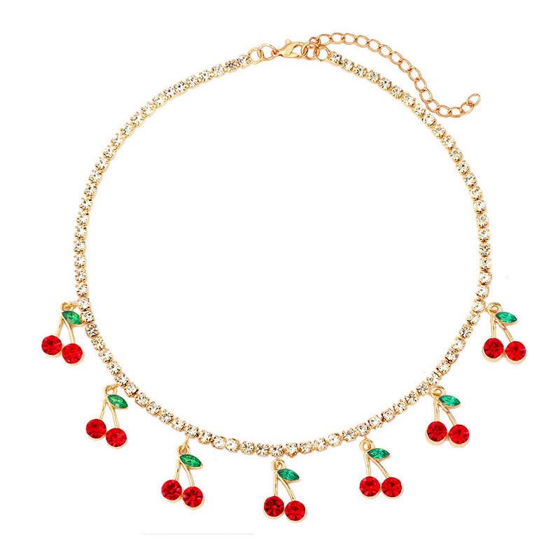 Комплект украшений с красными вишневыми стразами: Ожерелье, Чокер, Браслет на ногу, Серьги