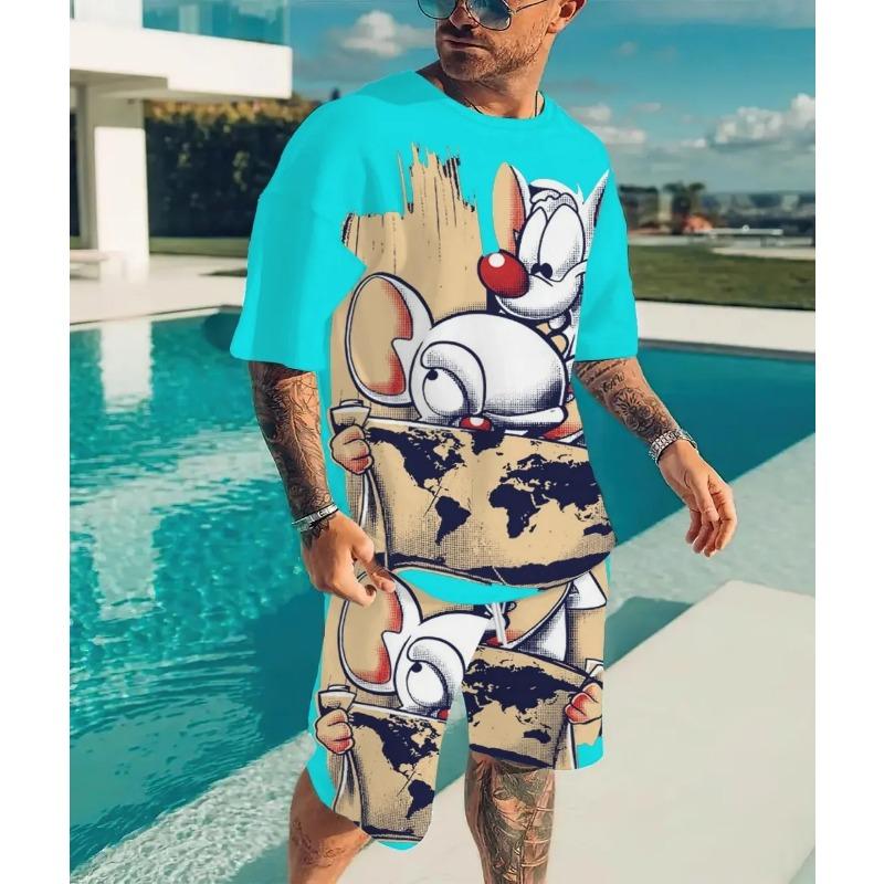 2025 Summer Sports Set 2-piece Men's 3D Color Blocked Printed Short Sleeved T-shirt Shorts Jogging Set Outdoor Street Men's Ligh