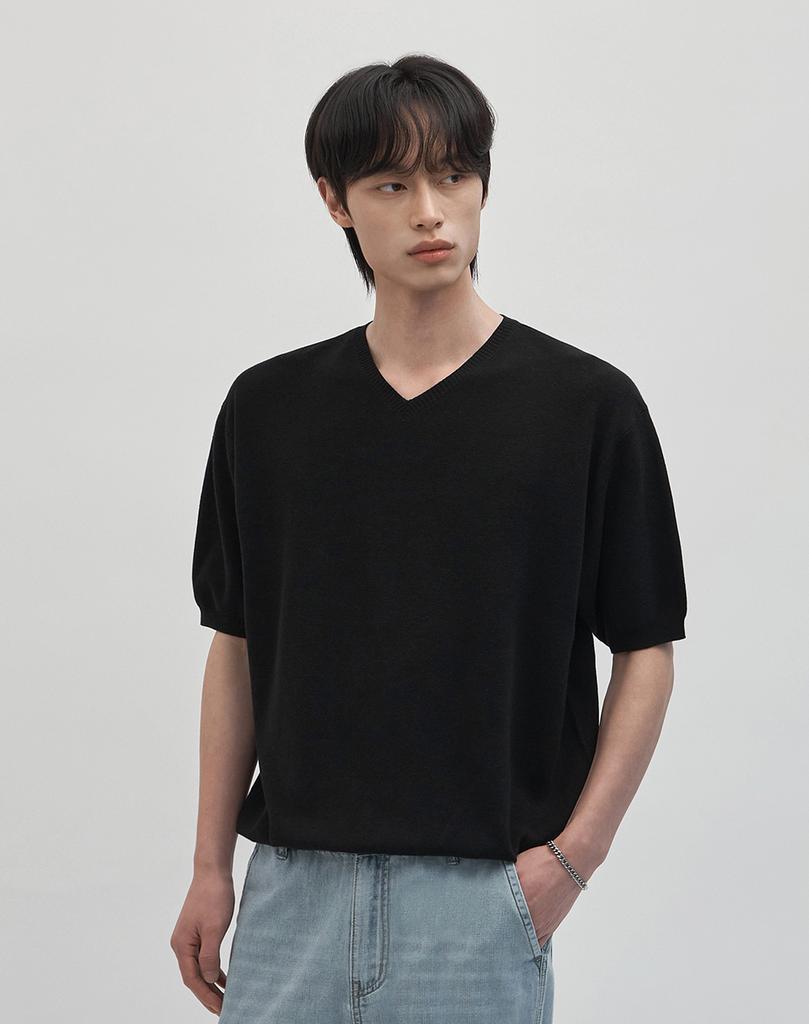 WORK ON BODY OFF Cool Bamboo Semi-Overfit V-Neck Short Sleeve Knit [Black]