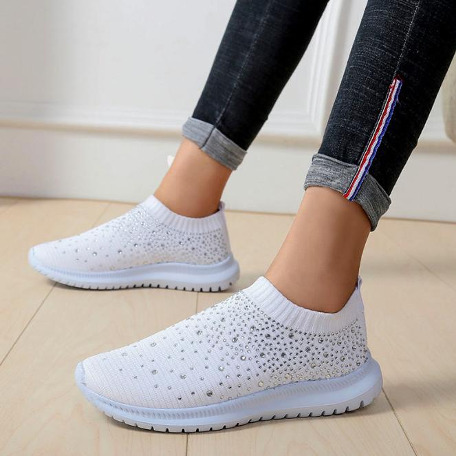 Women's Lightweight Breathable Mesh Elastic Casual Shoes Striped Rainbow Rhinestone Shoes