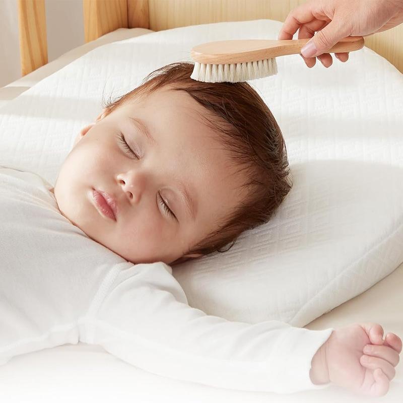 Conjunto de 2 peças de pentes para bebês, escova de cabelo para cuidados com o bebê, pente de lã macia de faia, massageador para recém-nascidos, chá de bebê e presente, calmante para cabelos de bebês