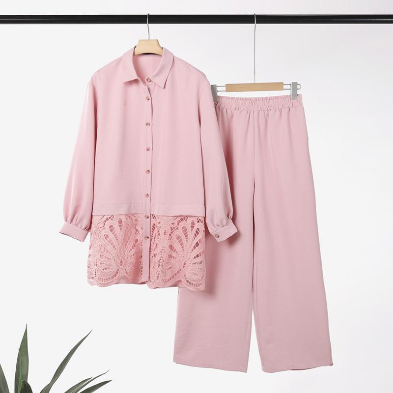 

ZANZEA Women Long Sleeve Lace Splice Blouse and Pants Casual Two Piece Suit Sets 5XL рожевий