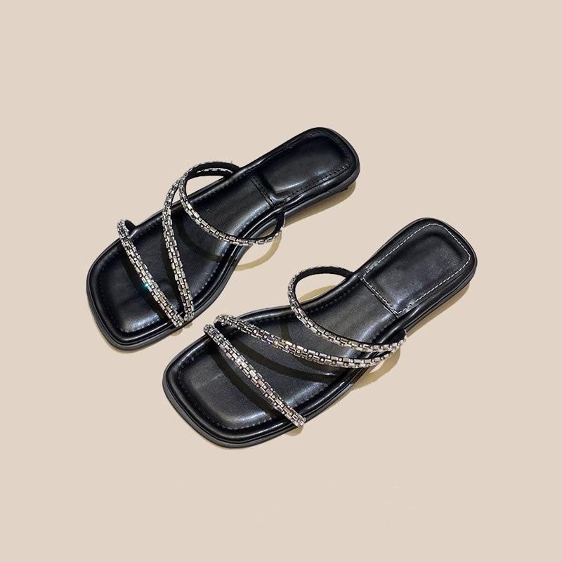 French low-heeled rhinestone outer wear small slippers female 2025 summer new fairy style with skirt fashionable and casual thick bottom