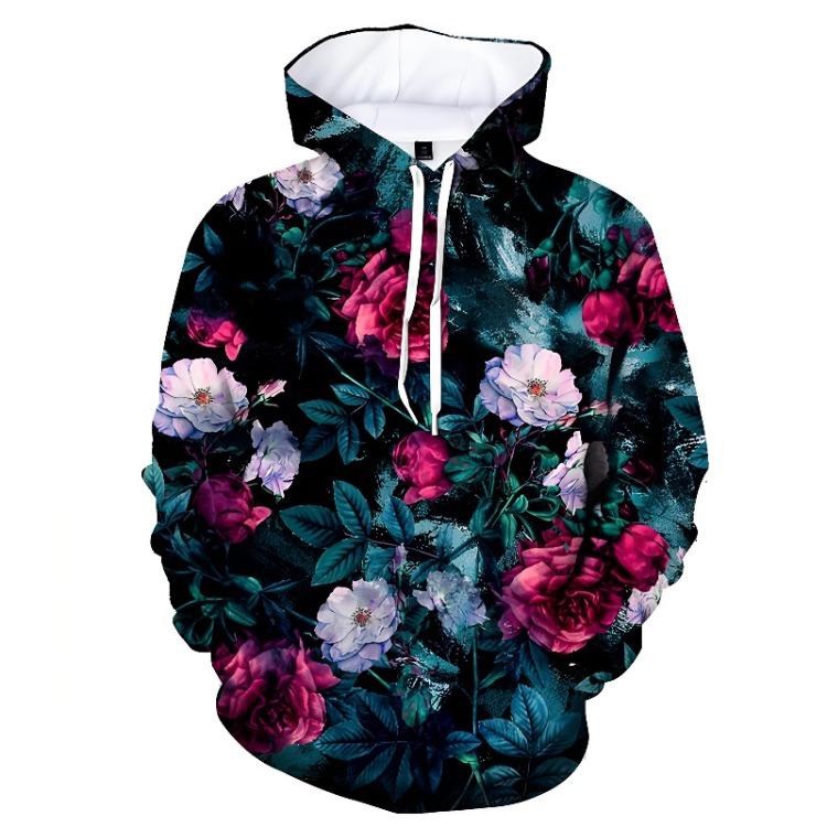 Fashion Women Retro Casual Streetwear Hoodie Long Sleeve Pullover Sweatshirt Hooded Top with 3D Printing Flower