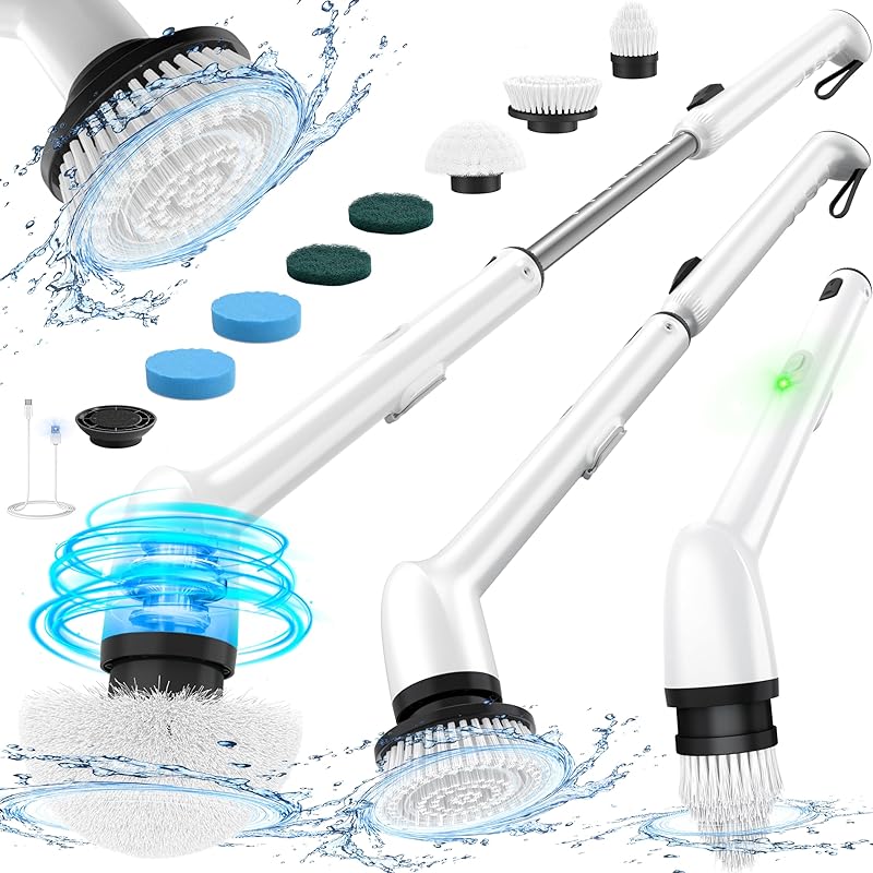 LyriFine Electric Spin Scrubber, New Full-Body IPX7 Waterproof Bathroom Cleaner Brush, Shower Scrubber with Long Handle & 2 Speed, Heads Replacement, Classic Black