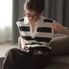 Fashion Lapel Striped Knitted Short Sleeve T-shirt Women V Neck Loose Casual Office Top Spring Summer Elegant Simple Blouse Female Clothing
