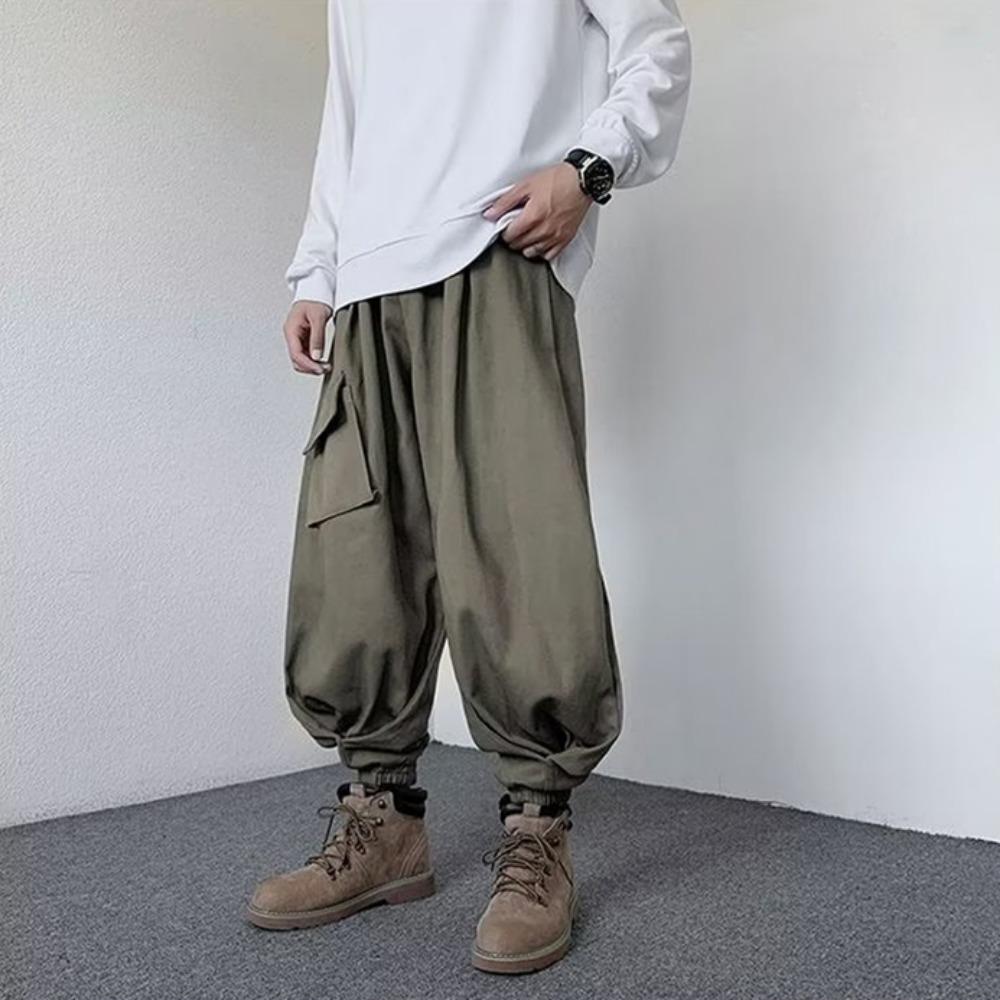 Japanse streetwear heren effen kleur zak trekkoord joggingbroek casual hiphop rechte broek retro wijde pijpen cargo broek