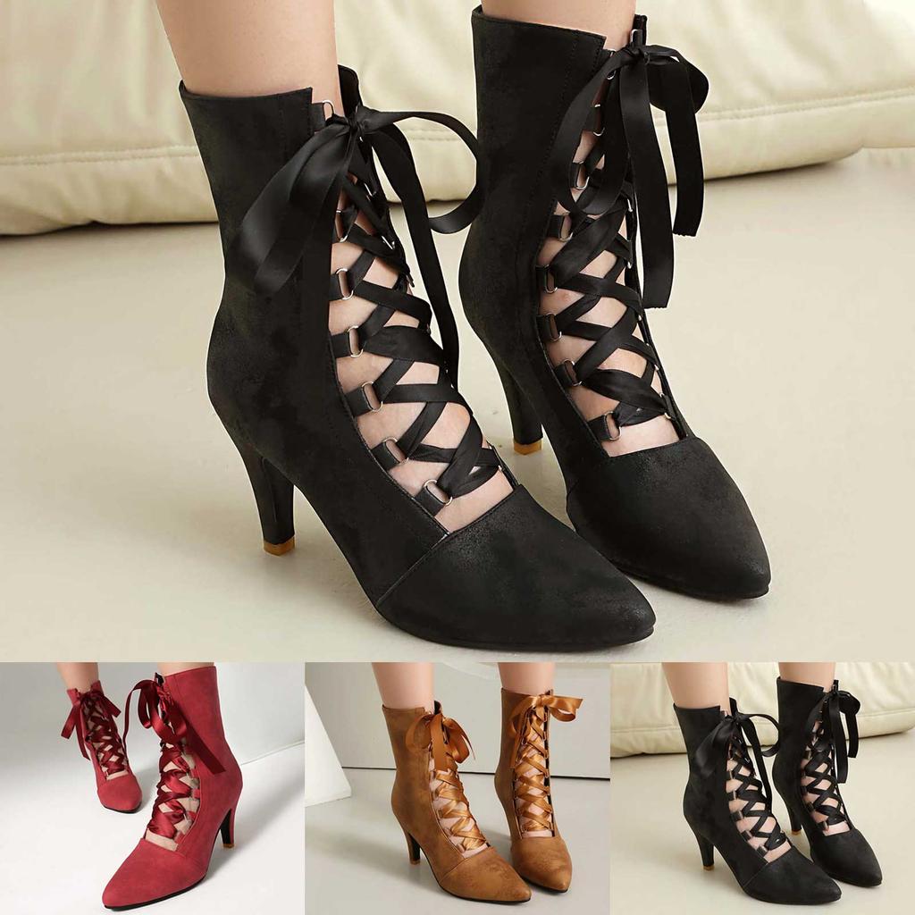 Y2k Women Boots Chunky Heels Lace Up Cute Bow Knot Cosplay Costumes Witch Medieval Mid Calf Boots Vintage Gothic Character Shoes