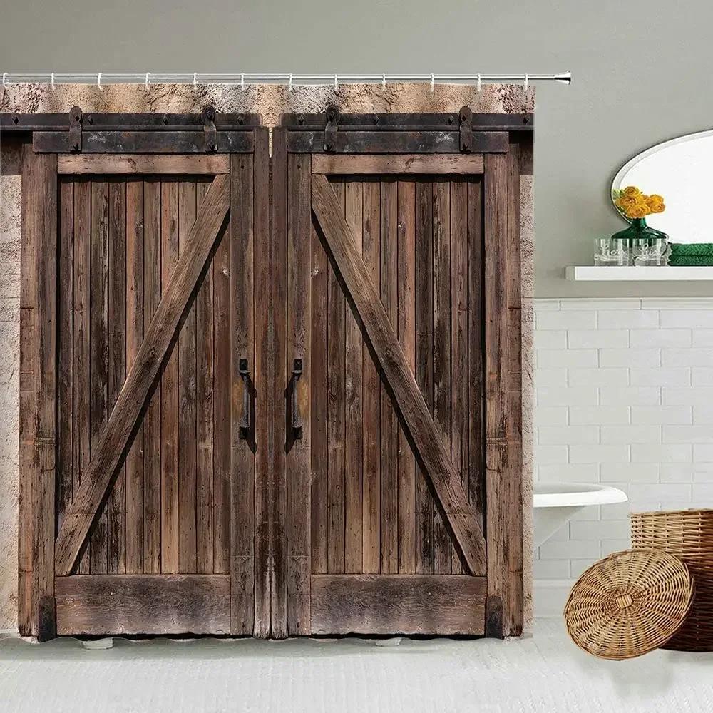 Rustic Wooden Barn Door Decor Shower Curtain For Bathroom Western Country Theme Vintage Rural Farm House Door Bath Curtains Set