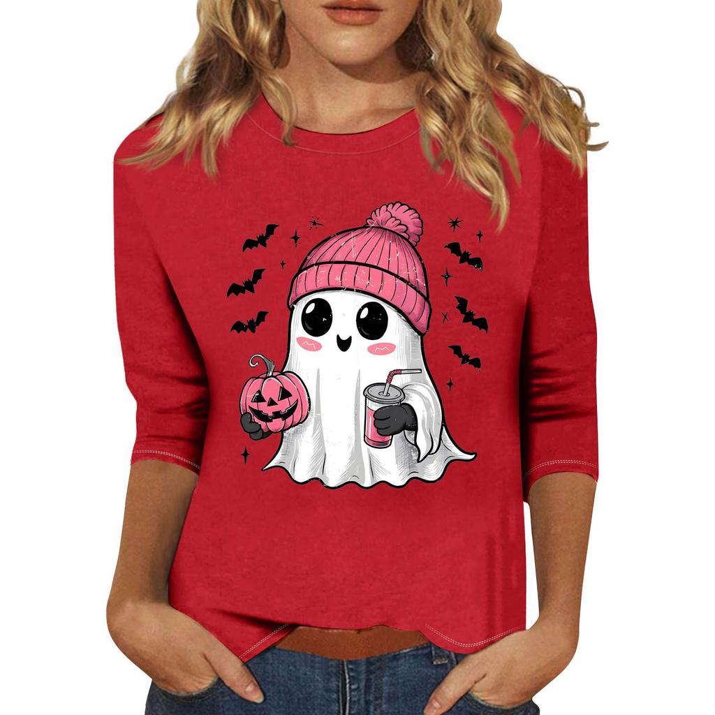 Women's Fashion Casual Three-Quarter Sleeve Halloween Print Round Neck T-Shirt Top