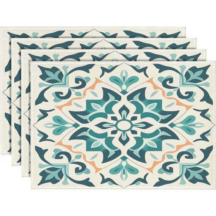 4pc Modern Mandala Linen Placemats Retro Portuguese Tile Print Table Mats Washable Fabric Kitchen Dining Room Place Mats