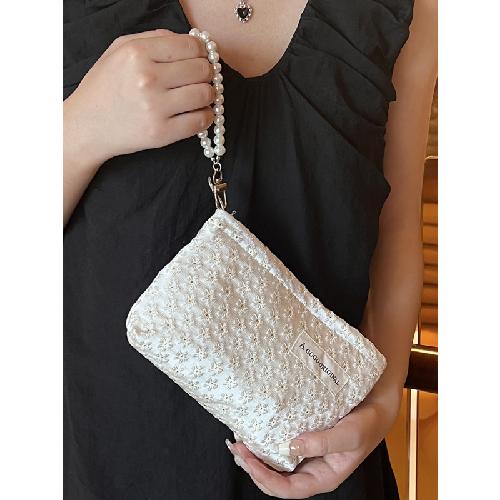 Three-dimensional Small Flower Embroidery Versatile Cosmetic Bag Female Korean Ins Hand Bag Portable Large-capacity Storage Bag