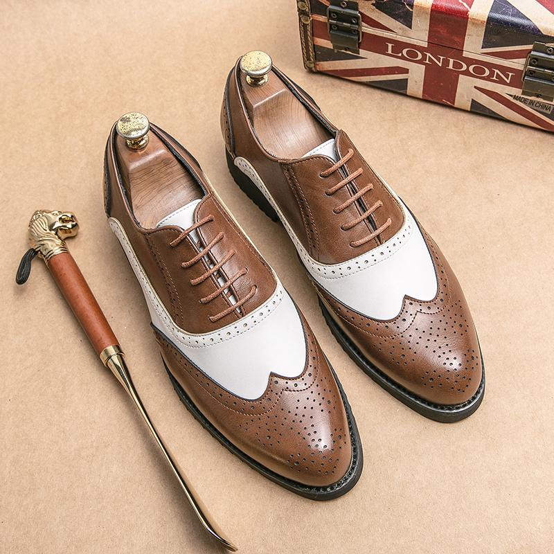 

Новая Британия Черно-бежные лоскутные оксфорды из кожи Мужская нарядная обувь для свадьбы, выпускного вечера, вечеринки встречи выпускников Sapatos Tenis Masculino 38