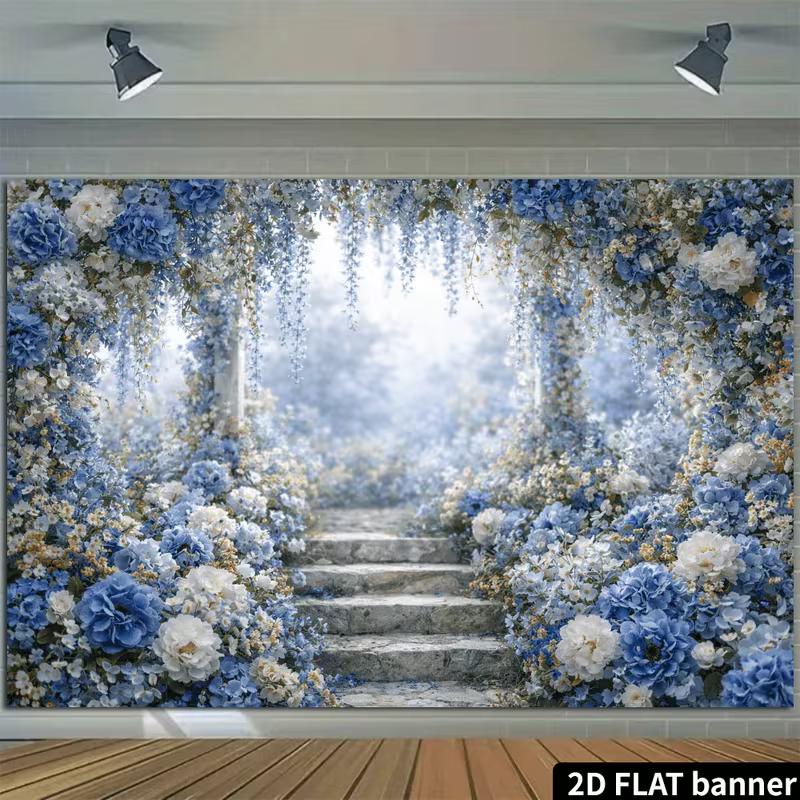 2D Blue White Hydrangea Floral Arch Stone Steps Misty Forest Backdrop Wedding Photography Background Cloth