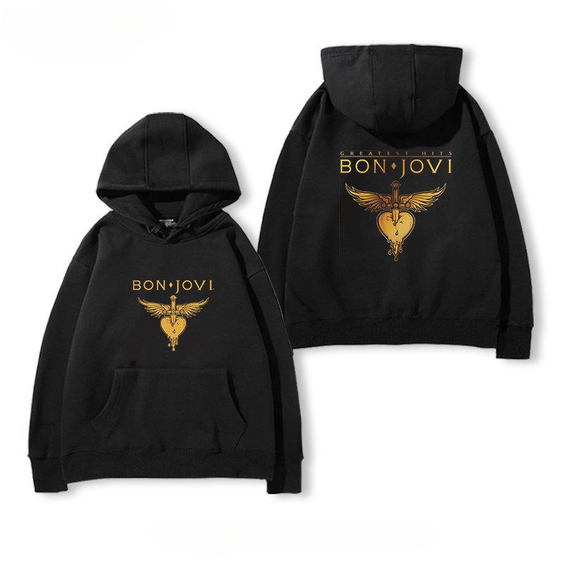 Bon Jovi Rock Band Hoodie Vintage Heart Dagger Print Pullover Sweatshirt Unisex Streetwear Hooded Tops for Men Rock Music Fans