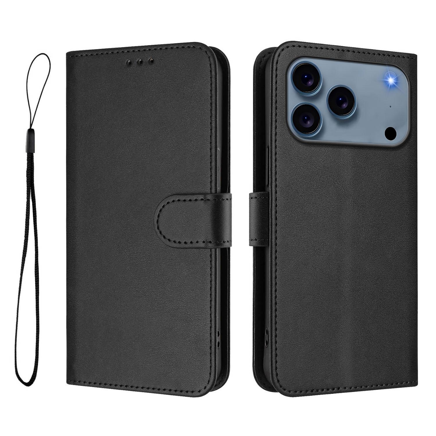 

For iPhone 17 Pro Wallet Case RFID Blocking Calf Texture Leather Stand Phone Cover with Strap Black