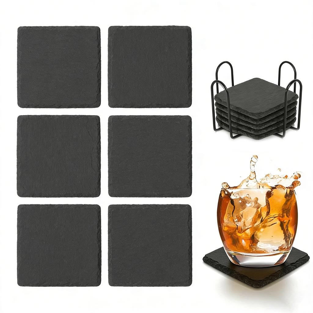4-Inch Square Slate Drink Coasters Set with Anti-Scratch Bottom Blank Rock Coasters for Drink Coffee Bar Kitchen Home Decor