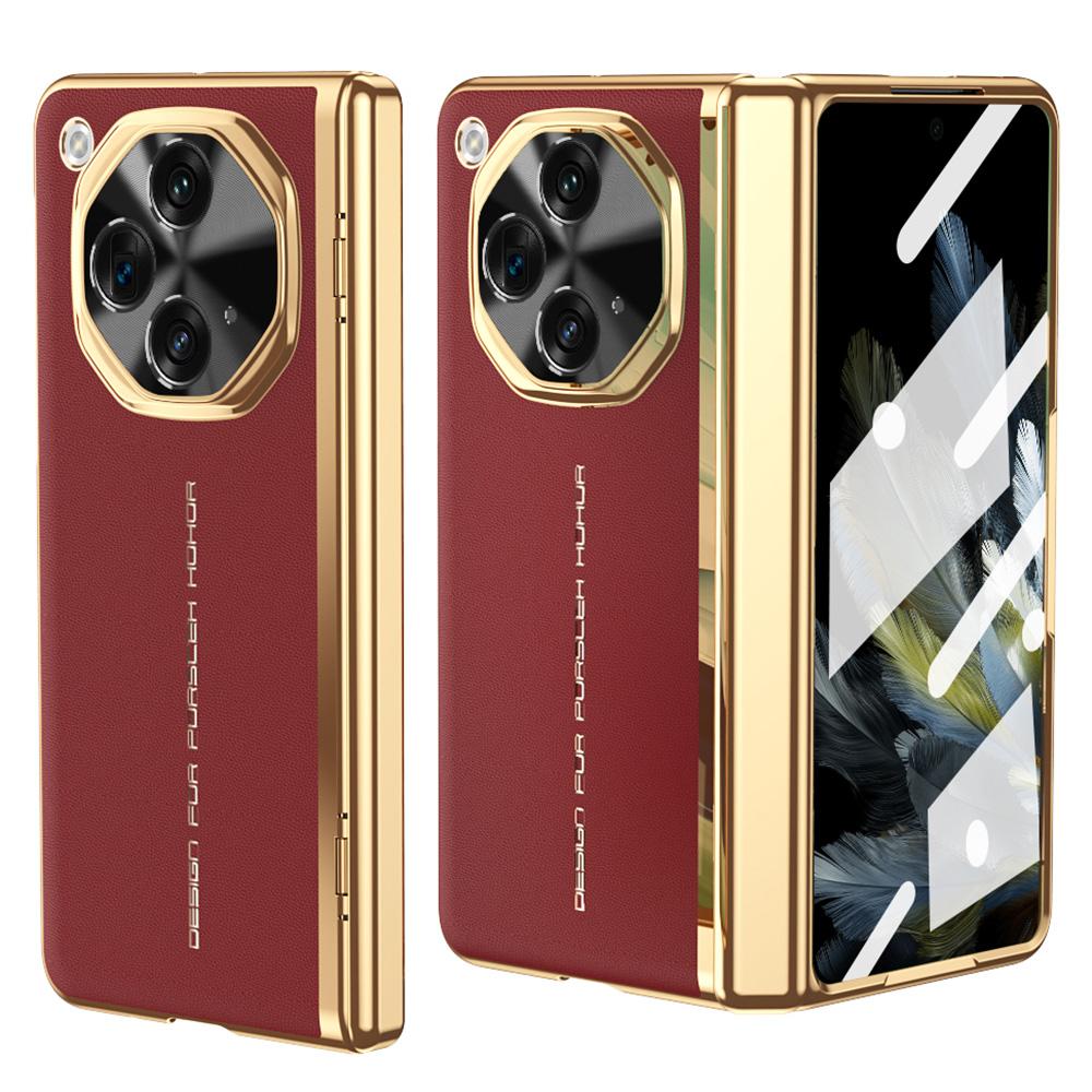 

For OnePlus Open Case PU Leather+PC Electroplating Phone Cover with Tempered Glass Screen Film Red