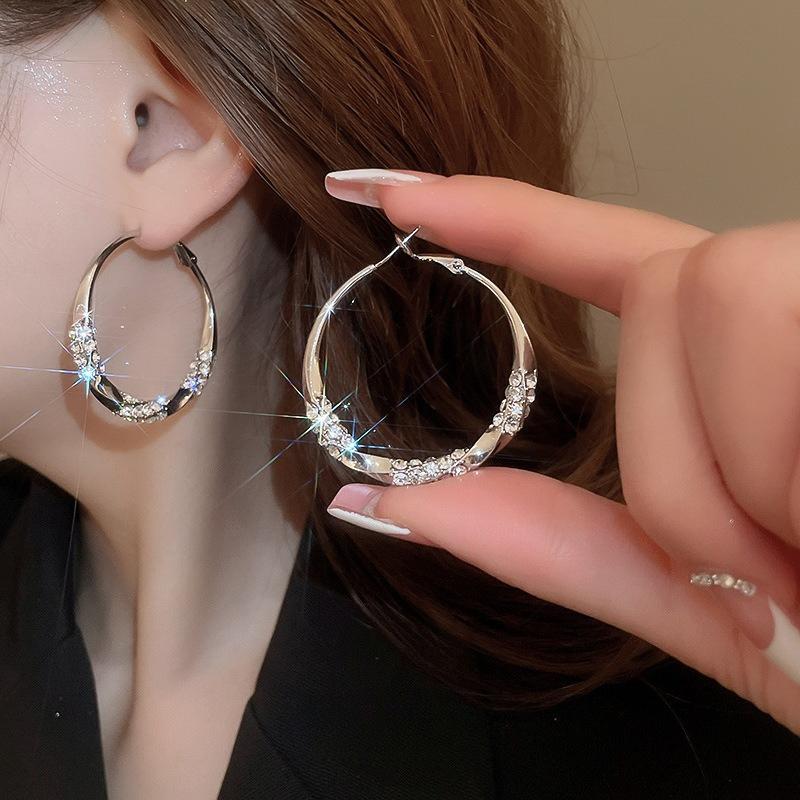 Twisted Hoop Earrings With Rhinestone Inlaid, Hypoallergenic Silver Needle Ear Rings, Fashion Daily Jewelry For Women